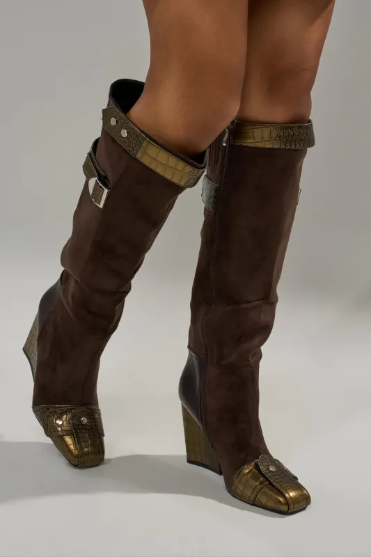 AZALEA WANG ALLONAS BROWN KNEE HIGH CHUNKY BOOT sold by AKIRA