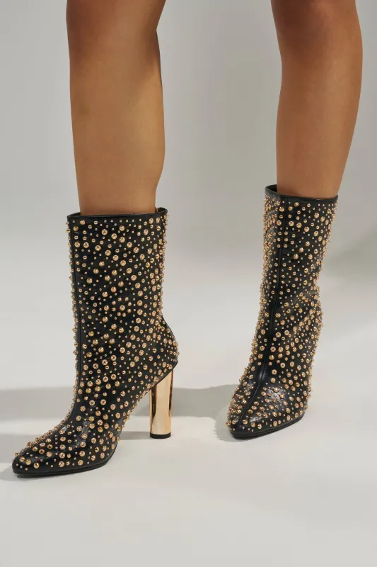 AZALEA WANG GREHGAN BLACK EMBELLISHED CHUNKY HEEL BOOTIE sold by AKIRA