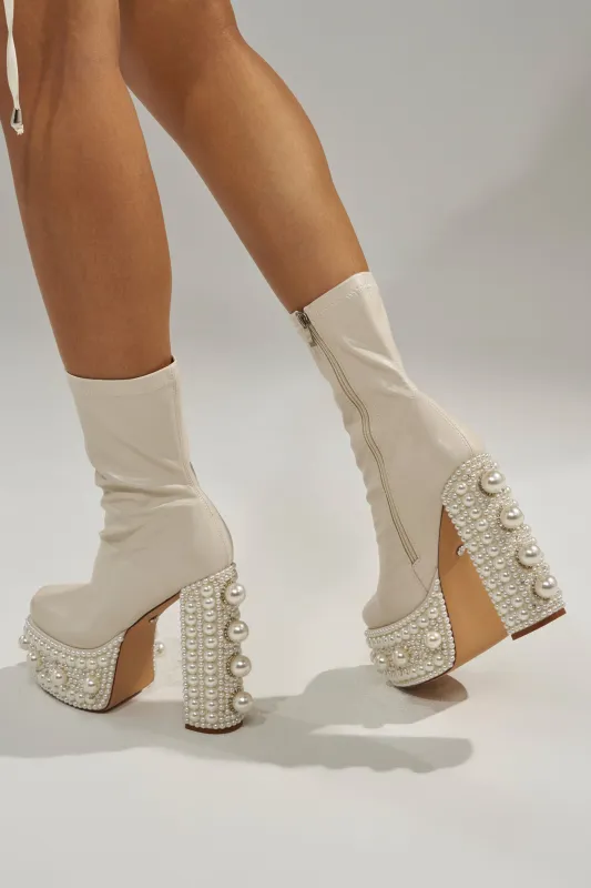 AZALEA WANG ANTARIS BEIGE PEARL DETAIL PLATFORM BOOTIE sold by AKIRA