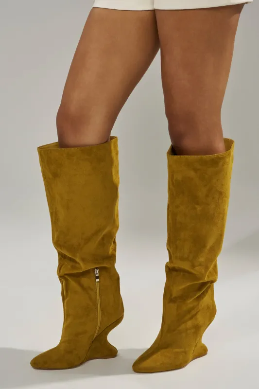 AZALEA WANG VINCE MUSTARD FAUX SUEDE WEDGE BOOT sold by AKIRA