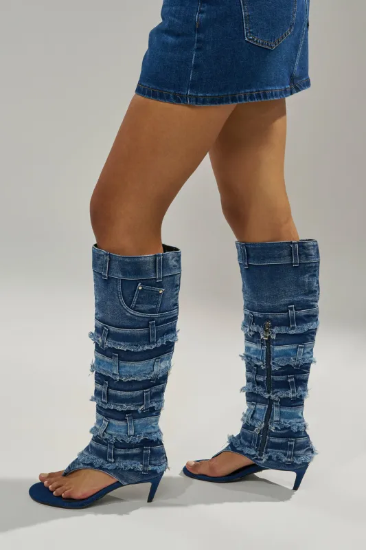 AKIRA GOLD MAHONEY DENIM PANT DETAIL GLADIATOR STILETTO sold by AKIRA