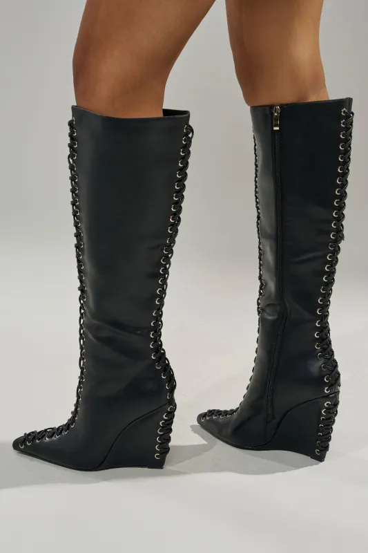 AZALEA WANG THAUMUS BLACK LACE UP WEDGE BOOT sold by AKIRA