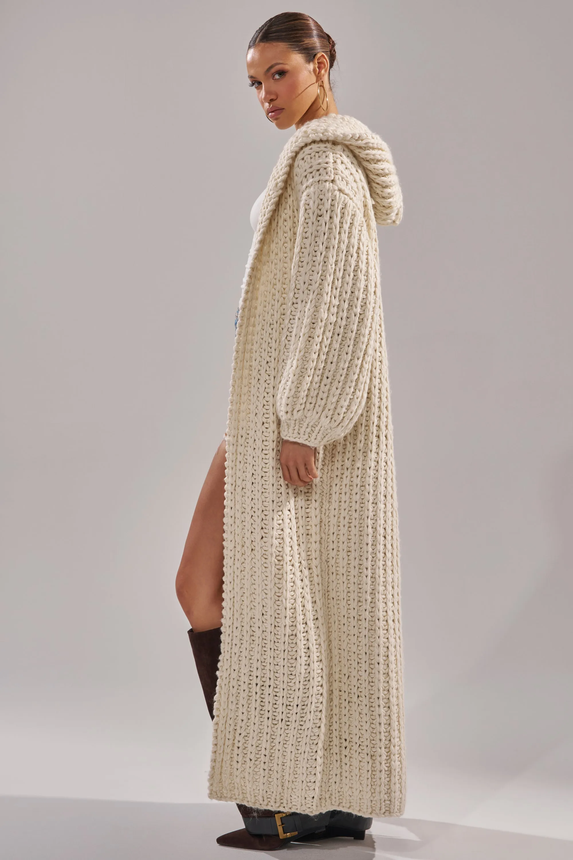 COZY CROCHET LONG HOODED CARDIGAN sold by AKIRA