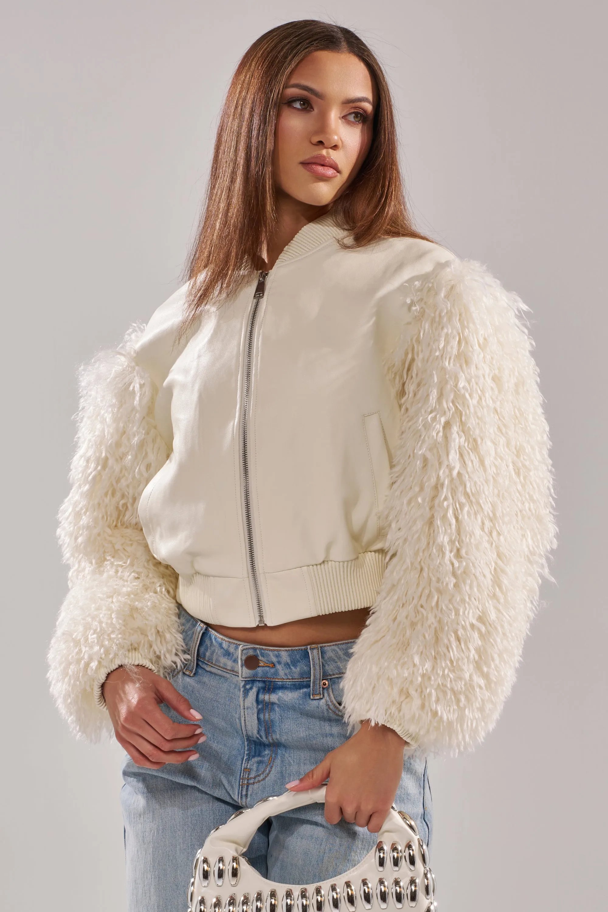 SO GOOD IT HURTS FUR SLEEVE BOMBER IN IVORY sold by AKIRA product image thumbnail 4