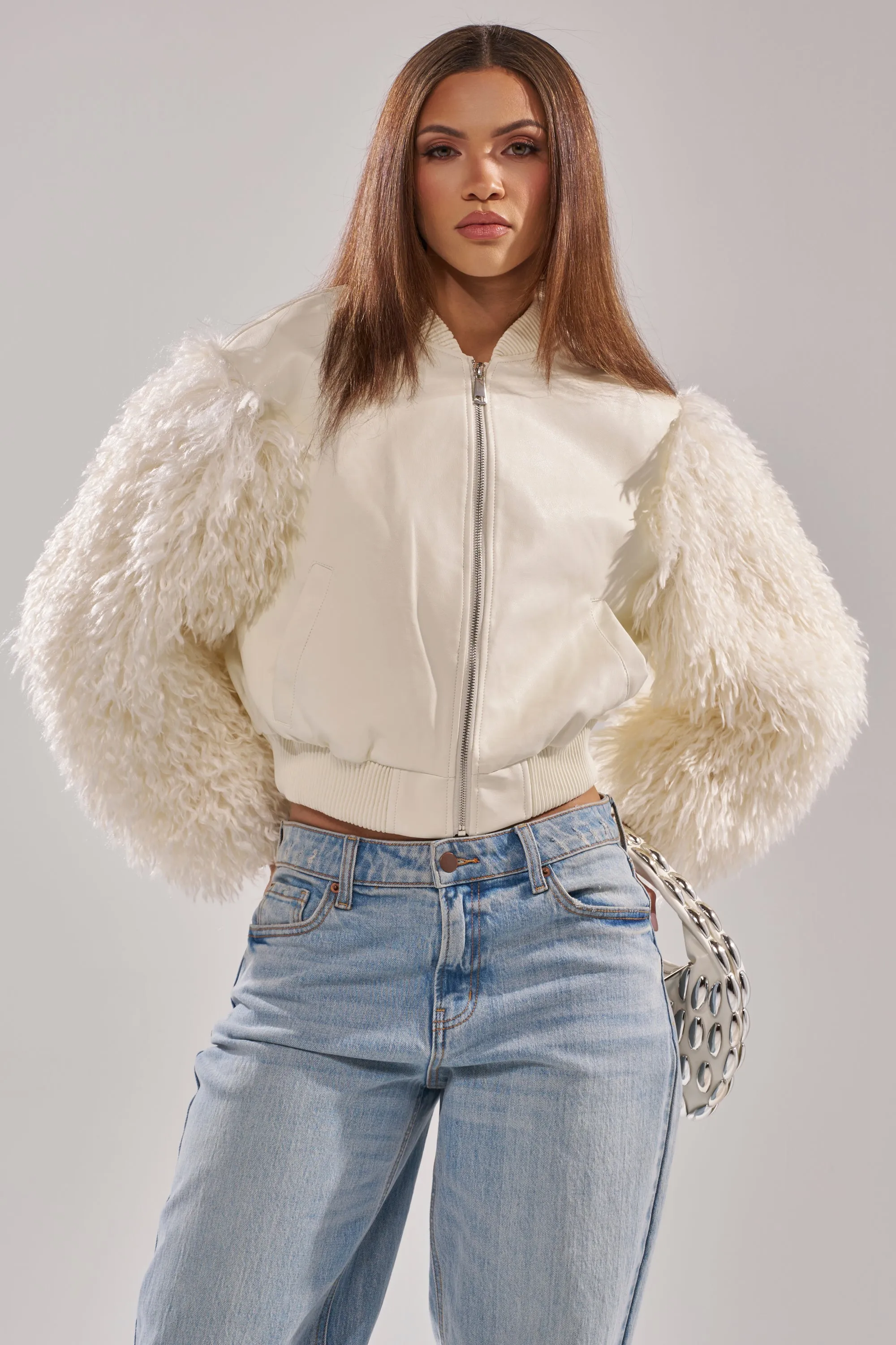 SO GOOD IT HURTS FUR SLEEVE BOMBER IN IVORY sold by AKIRA product image thumbnail 2