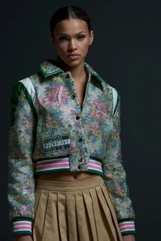 TAPPED OUT RHINESTONE BOMBER sold by AKIRA