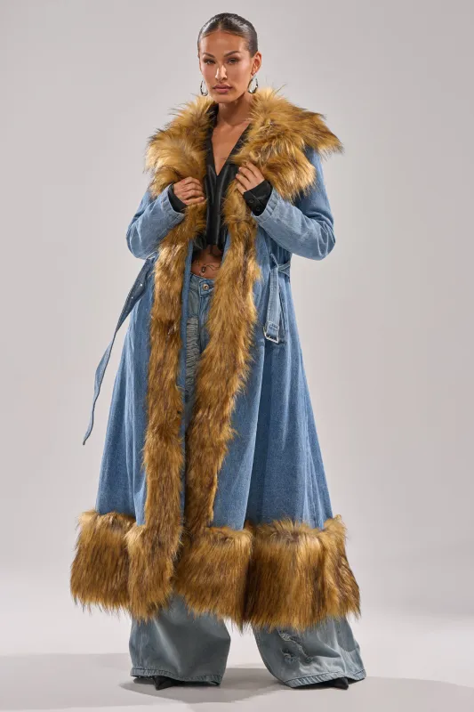 VIVIAN FUR TRIM TRENCH IN DENIM sold by AKIRA