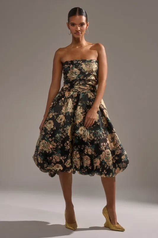 DRESSED TO IMPRESS BROCADE MIDI DRESS sold by AKIRA