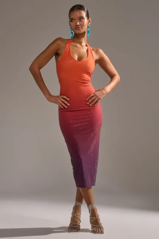 DUSK TILL DAWN RHINESTONE MIDI DRESS IN ORANGE made by AKIRA
