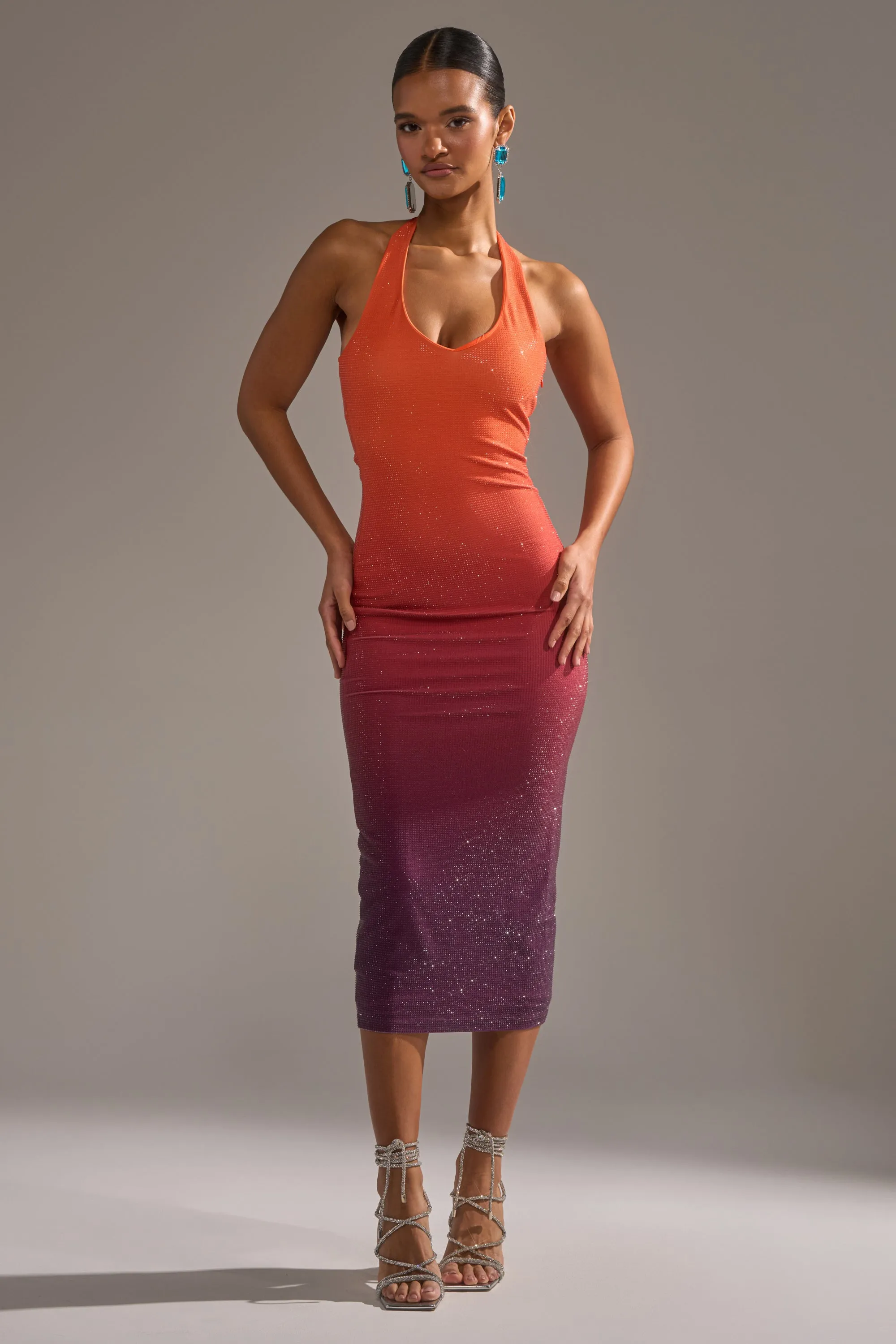 DUSK TILL DAWN RHINESTONE MIDI DRESS IN ORANGE sold by AKIRA product image thumbnail 2