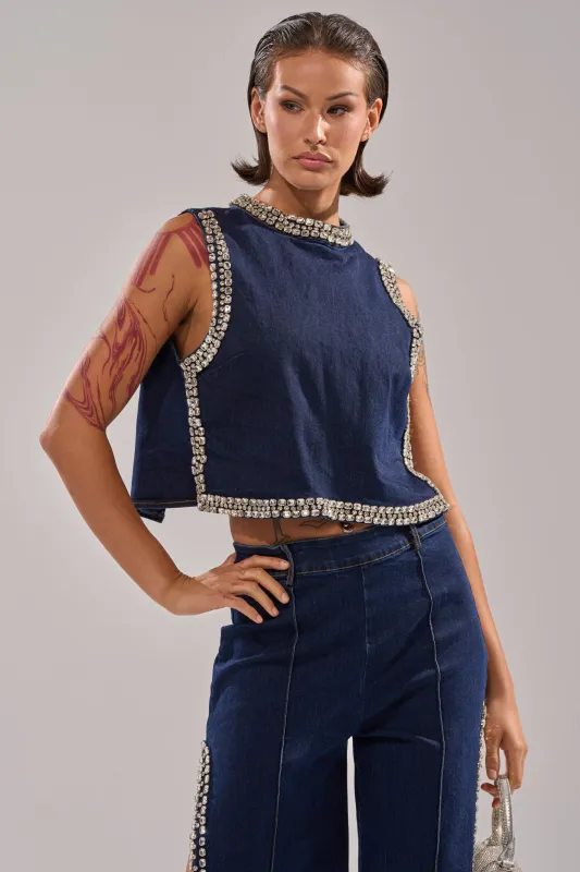 POPPIN OUT RHINESTONE DENIM BLOUSE IN DARK WASH DENIM sold by AKIRA