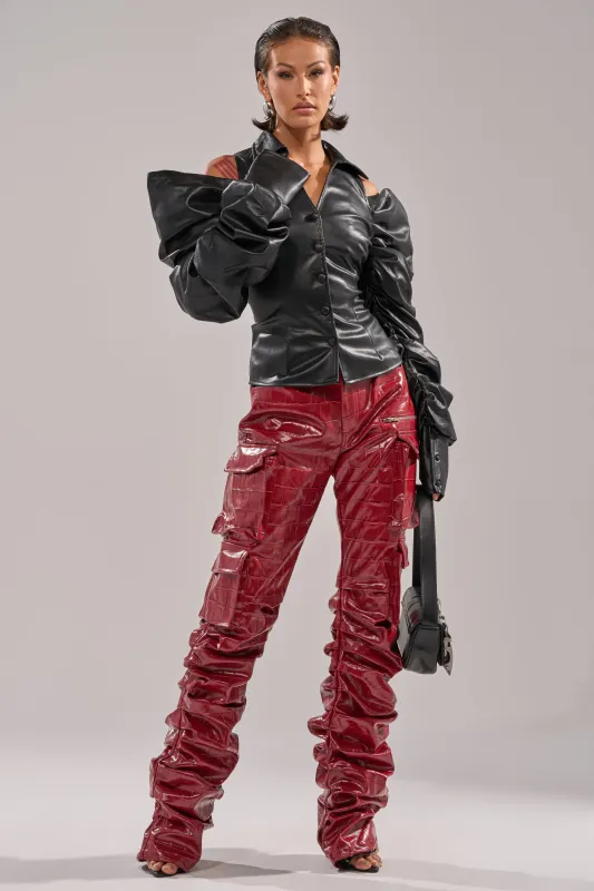 STRAIGHT TO THE POINT STACKED FAUX LEATHER TROUSER sold by AKIRA