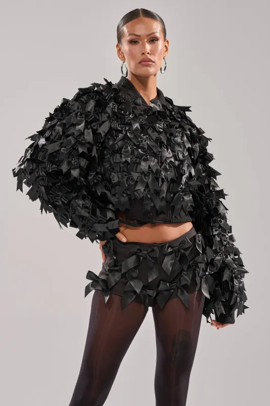 BOW DOWN SATIN BOMBER sold by AKIRA