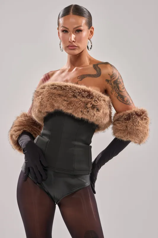 SO CHIC FAUX LEATHER BLOUSE WITH FUR TRIM sold by AKIRA