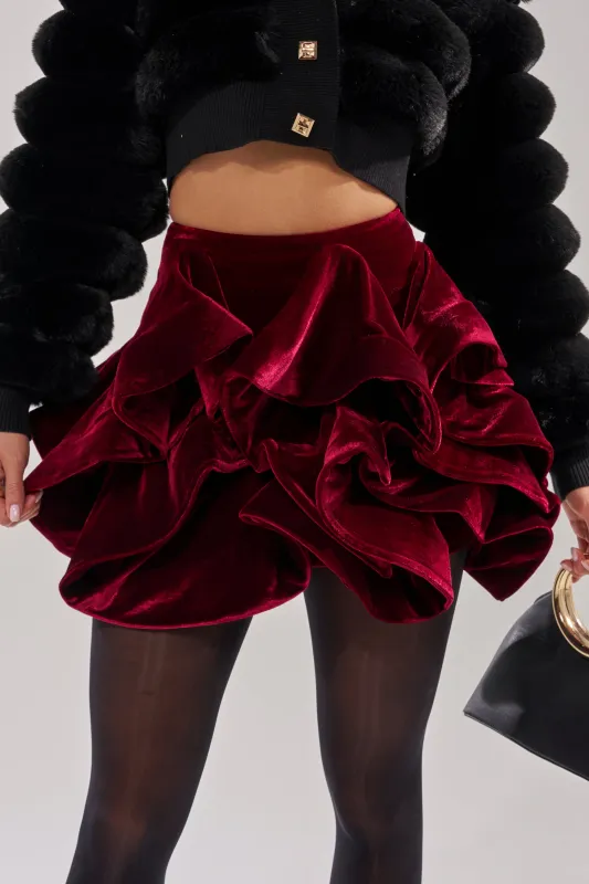 QUEEN VELVET RUFFLE SKIRT sold by AKIRA