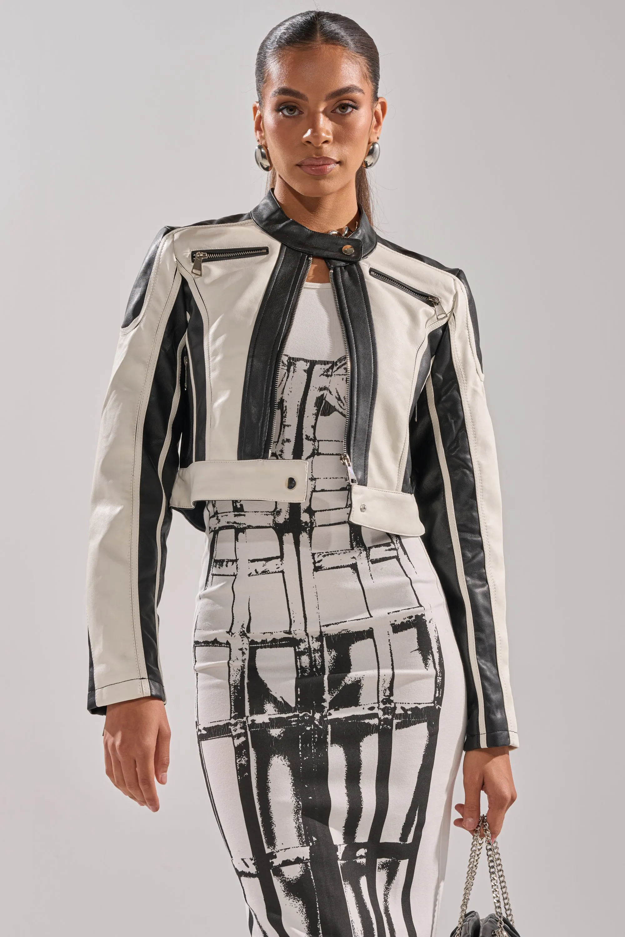 BETTER LUCK CROPPED MOTO IN BLACK WHITE sold by AKIRA product image thumbnail 2