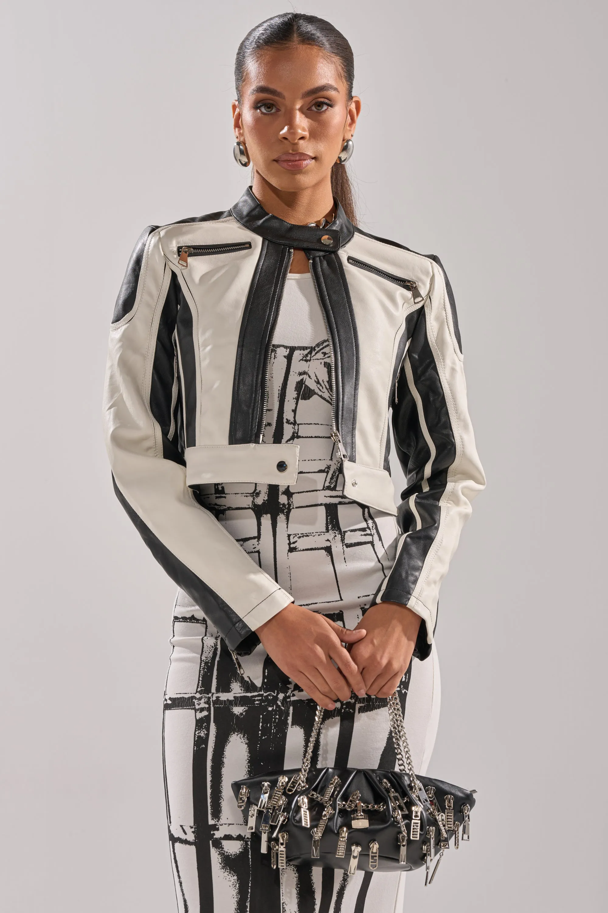 BETTER LUCK CROPPED MOTO IN BLACK WHITE sold by AKIRA product image thumbnail 3