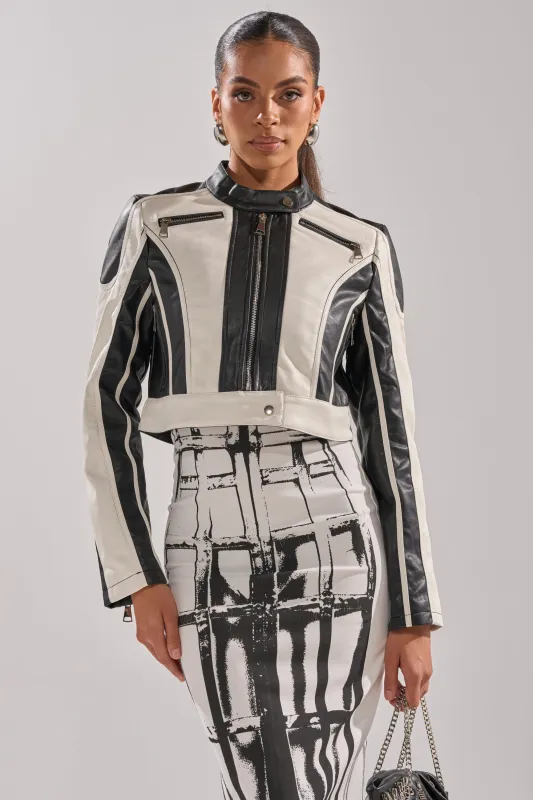 BETTER LUCK CROPPED MOTO IN BLACK WHITE sold by AKIRA