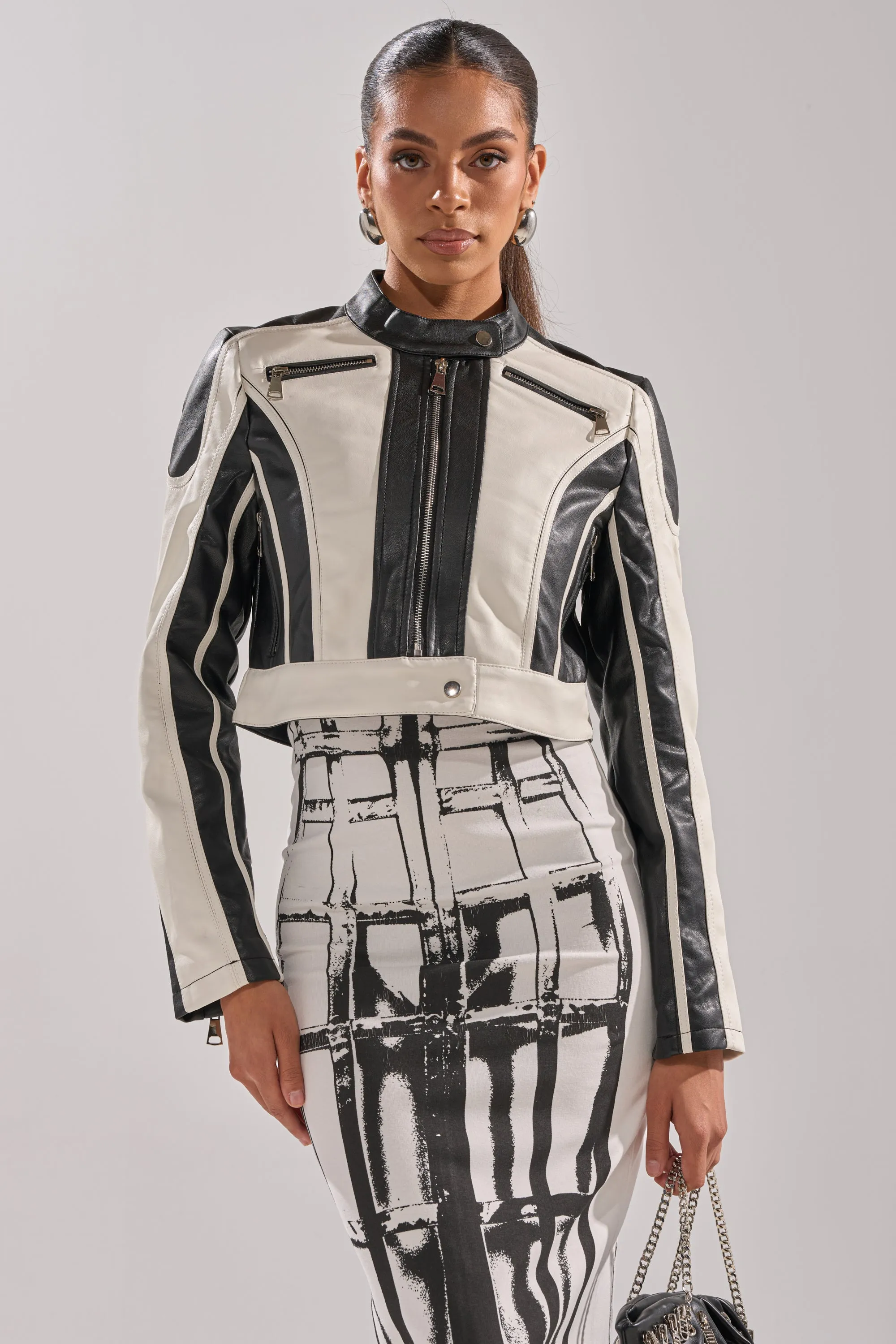 BETTER LUCK CROPPED MOTO IN BLACK WHITE sold by AKIRA