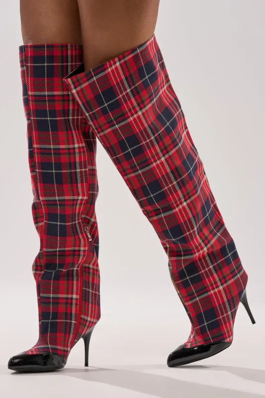 AKIRA GOLD LOCHANA MULTI PLAID FLANNEL SEXY BOOT sold by AKIRA