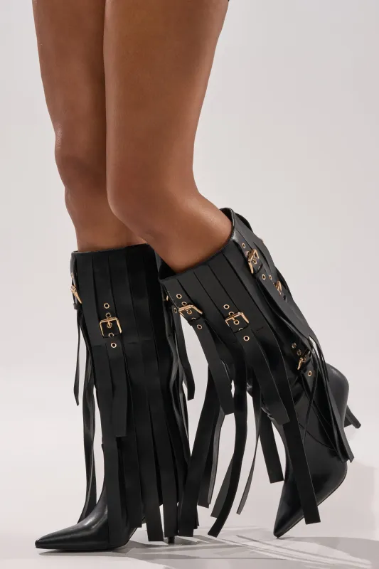 AZALEA WANG XANTHE BLACK BELT EMBELLISHED STILETTO BOOT sold by AKIRA