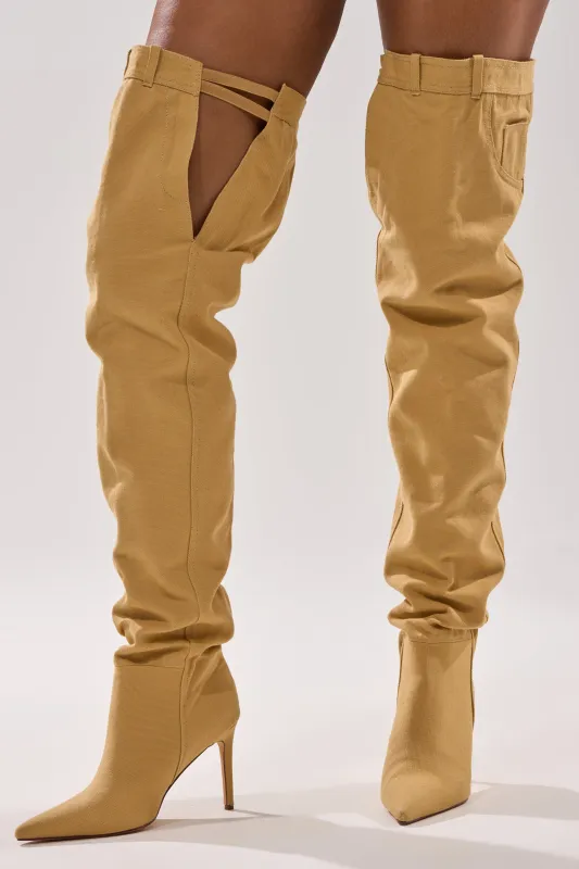 AZALEA WANG JEANNI TAN PANT DETAIL OVER THE KNEE BOOT sold by AKIRA
