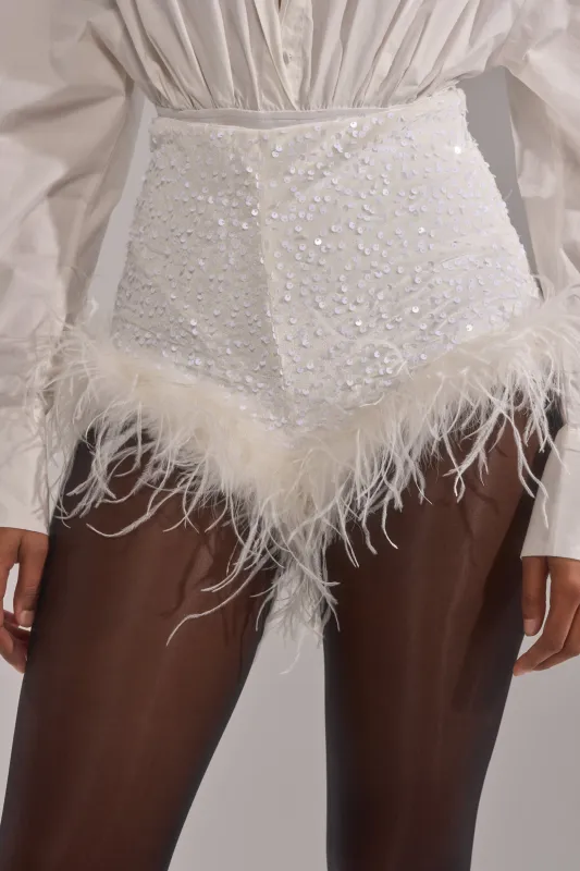 NEW YEAR FEATHER SHORTS sold by AKIRA