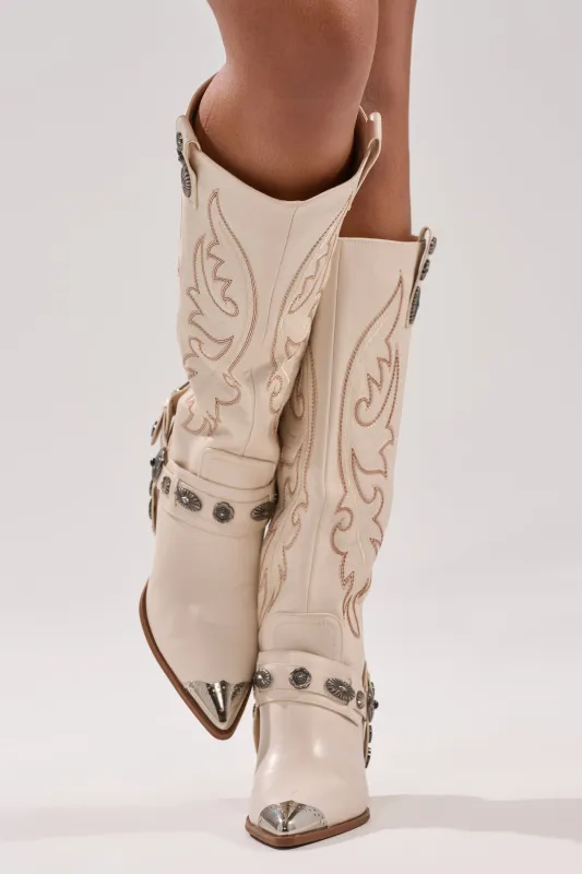 AZALEA WANG GERVASE BONE PU SILVER HARDWARE WESTERN BOOT sold by AKIRA
