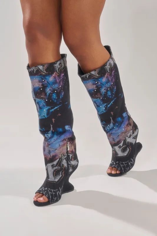 AKIRA GOLD NINE LIVES GRAPHIC OPEN TOE WEDGE BOOT made by AKIRA
