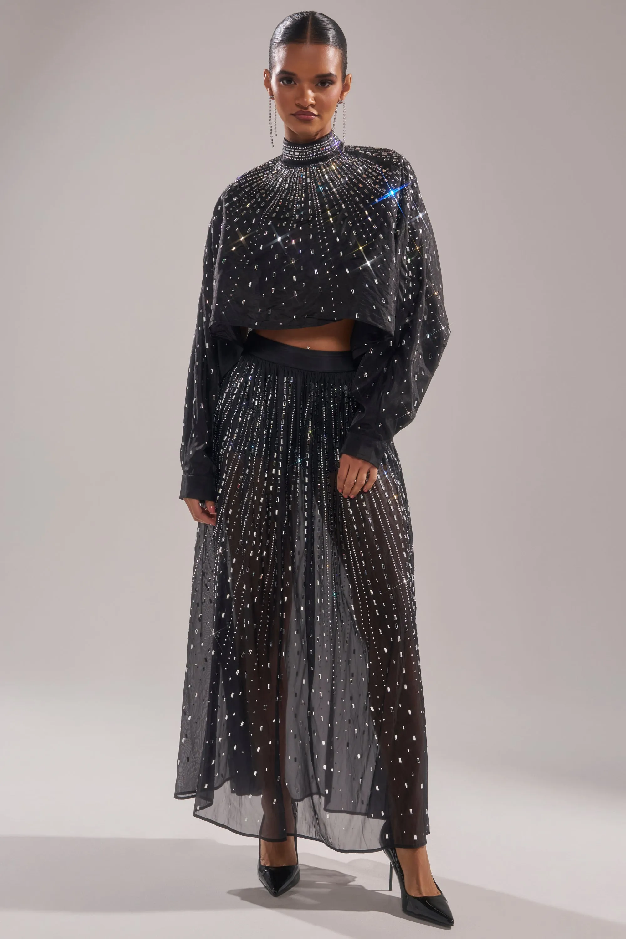 DANCING QUEEN RHINESTONE MESH MAXI SKIRT sold by AKIRA