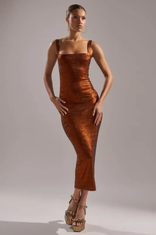 CLASSY BUT SASSY RHINESTONE MIDI DRESS IN RUST sold by AKIRA