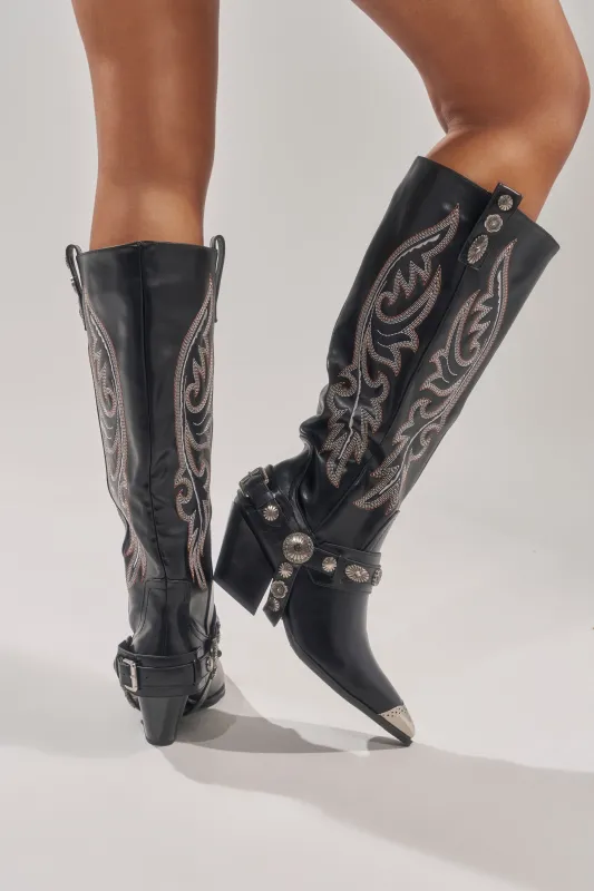 AZALEA WANG GERVASE BLACK PU SILVER HARDWARE WESTERN BOOT sold by AKIRA