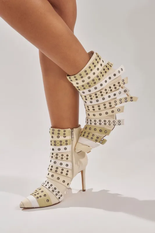 AZALEA WANG UZMA BONE DENIM SILVER HARDWARE STILETTO BOOTIE sold by AKIRA