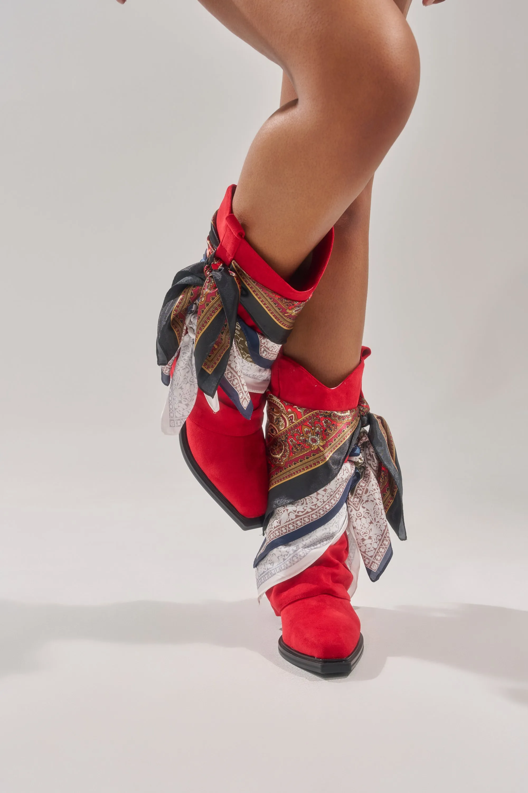 AZALEA WANG COBALT RED FAUX SUEDE SCARF EMBELLISHED WESTERN BOOTIE sold by AKIRA