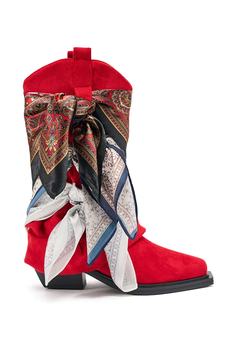 AZALEA WANG COBALT RED FAUX SUEDE SCARF EMBELLISHED WESTERN BOOTIE sold by AKIRA product image thumbnail 5