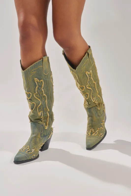 AZALEA WANG HEINRICH DENIM WESTERN LOW HEEL BOOT made by Azalea Wang