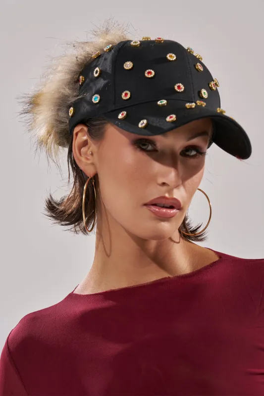 TJ FAUX FUR EMBELLISHED HAT made by AKIRA