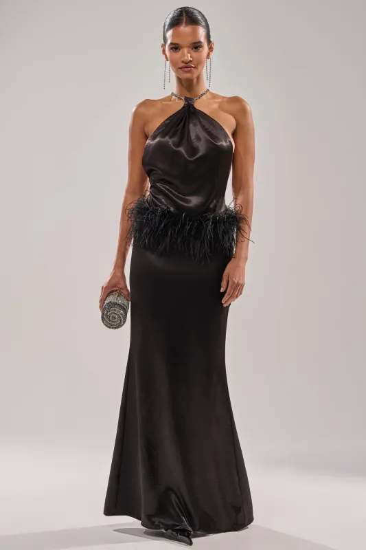 WHO IS SHE SATIN FEATHER MAXI DRESS IN BLACK sold by AKIRA