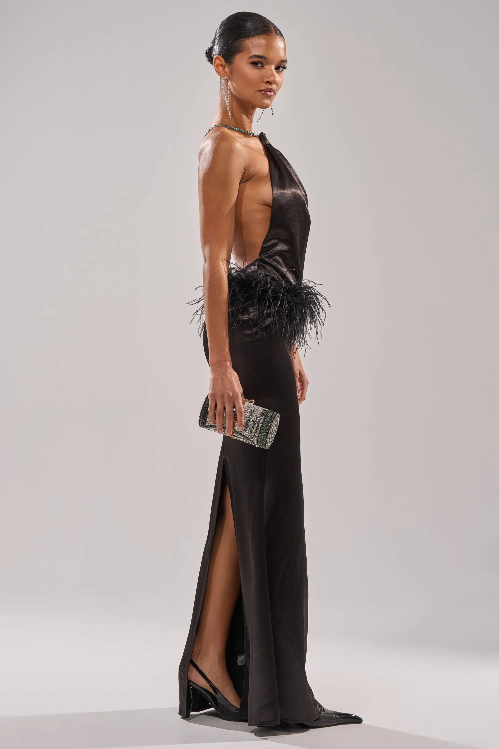 WHO IS SHE SATIN FEATHER MAXI DRESS IN BLACK sold by AKIRA product image thumbnail 5