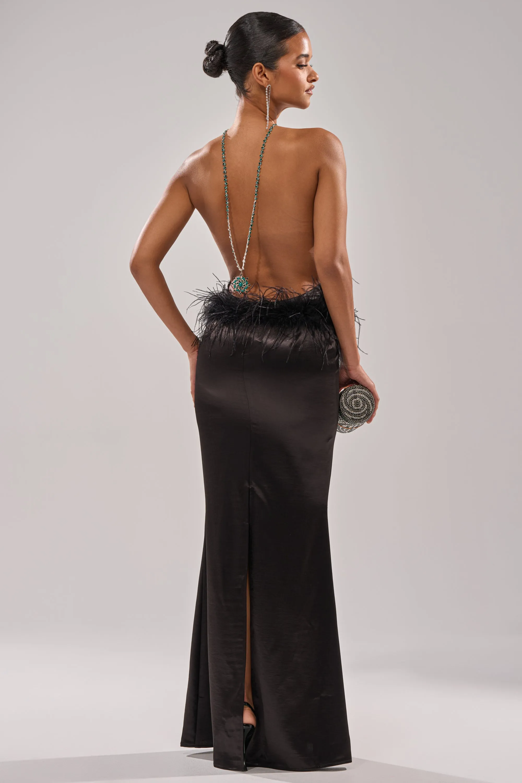WHO IS SHE SATIN FEATHER MAXI DRESS IN BLACK sold by AKIRA product image thumbnail 3