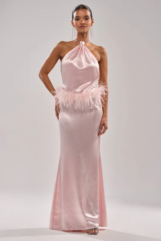 WHO IS SHE SATIN FEATHER MAXI DRESS sold by AKIRA