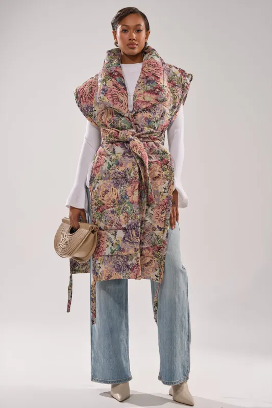 PILOT JONES LONGLINE PUFFER VEST IN TAPESTRY sold by AKIRA