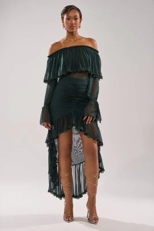 EMERALD RUCHED HIGH LOW SKIRT sold by AKIRA