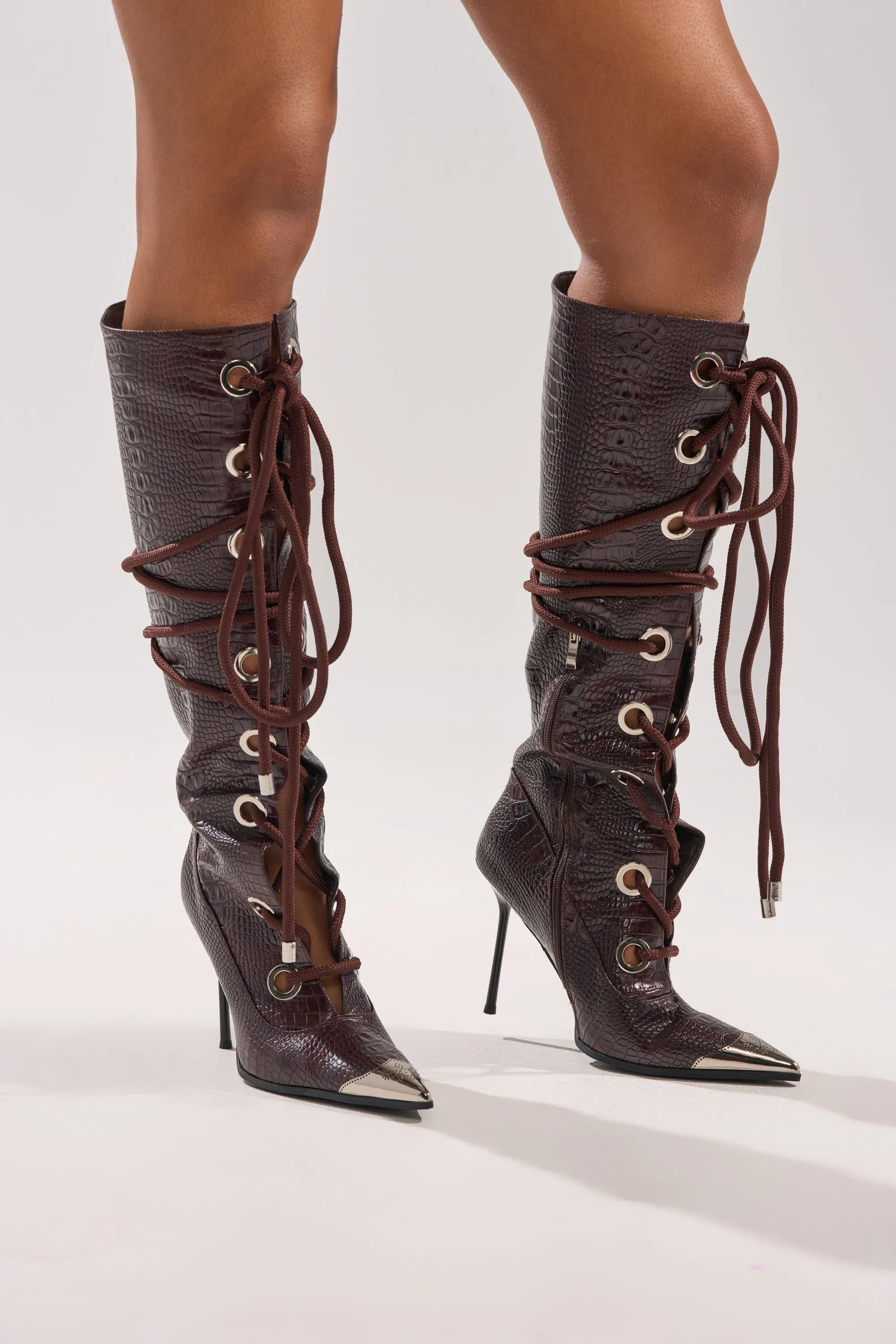 AKIRA GOLD PANTOUM CHOCOLATE CROC STILETTO BOOT sold by AKIRA product image thumbnail 3