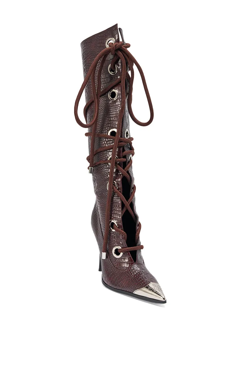 AKIRA GOLD PANTOUM CHOCOLATE CROC STILETTO BOOT sold by AKIRA product image thumbnail 5