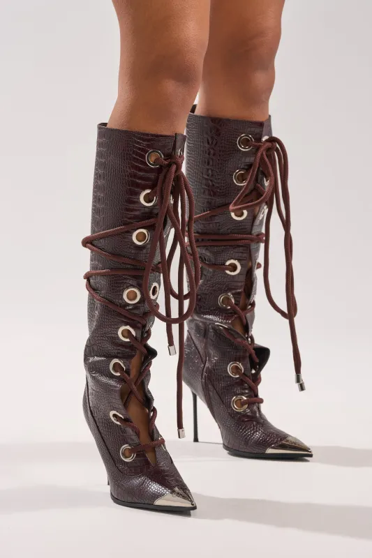 AKIRA GOLD PANTOUM CHOCOLATE CROC STILETTO BOOT sold by AKIRA