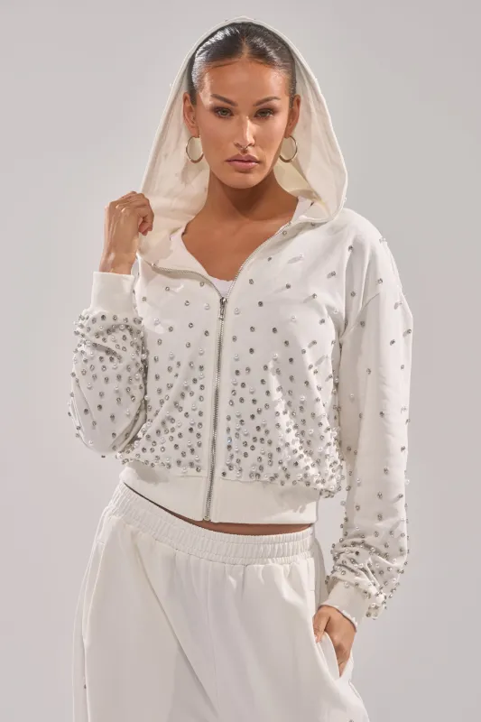 ALL IN WHITE RHINESTONE ZIP UP SWEATSHIRT sold by AKIRA