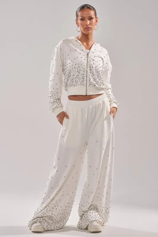 ALL IN WHITE RHINESTONE WIDE LEG JOGGER sold by AKIRA