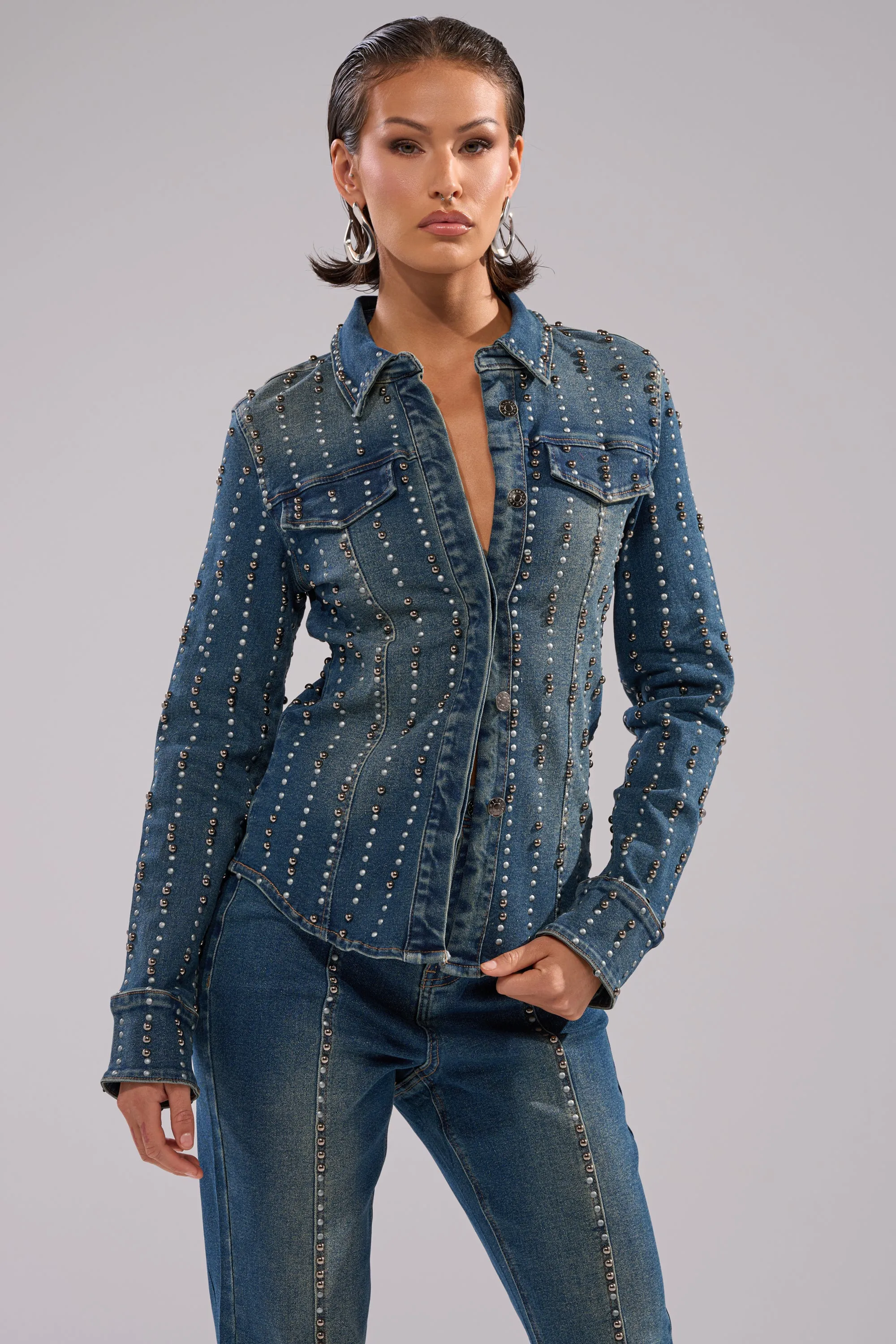 GLAMOUR STUDDED BUTTON DOWN DENIM TOP sold by AKIRA product image thumbnail 2