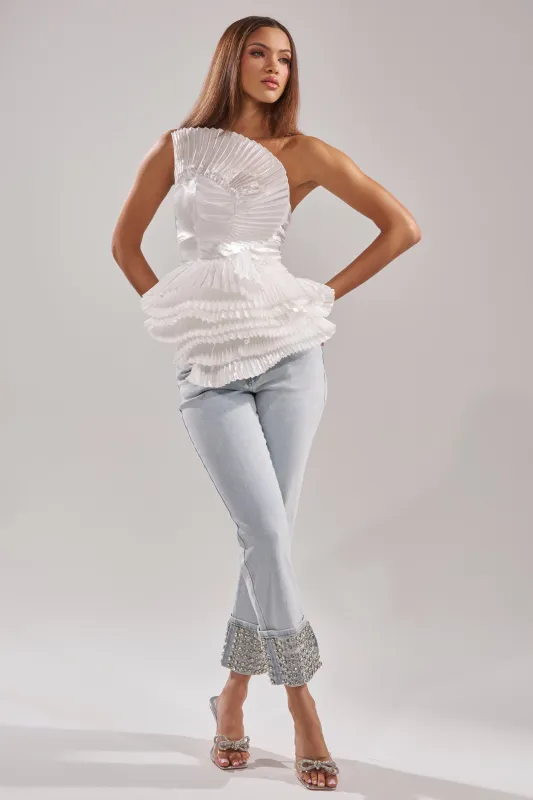 HANNI RHINESTONE DENIM CROPPED PANT sold by AKIRA